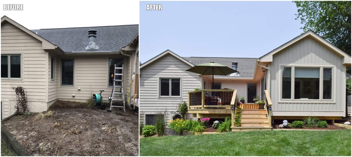 before and after exterior sunroom and deck addition by Odd Fellows Contracting in Okemos, MI