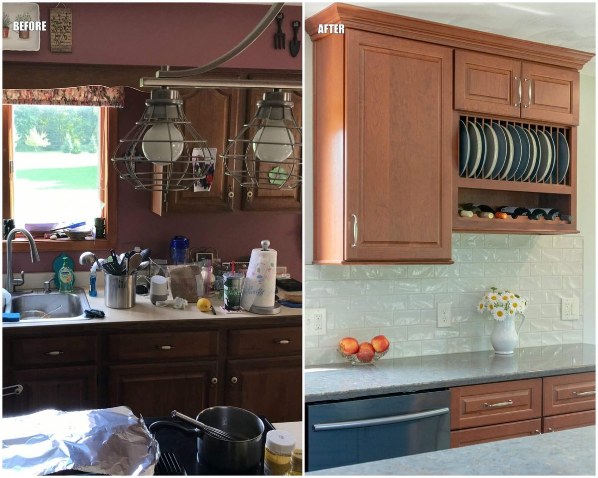 before and after kitchen remodel with updated cabinetry by Odd Fellows Contracting in Grand Ledge, MI