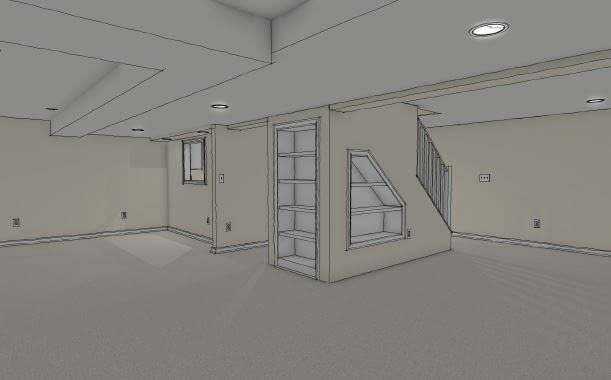 3D basement remodel concept featuring finished living area and staircase by Odd Fellows Contracting in Lansing, MI