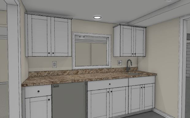 3D design of basement bar or kitchenette area planned by Odd Fellows Contracting in Lansing, MI