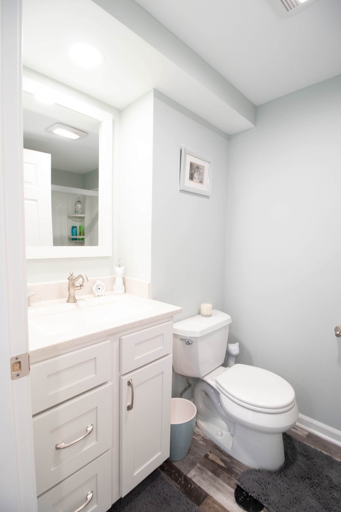 Basement bathroom remodel with white vanity and modern fixtures by Odd Fellows Contracting in Lansing, MI.
