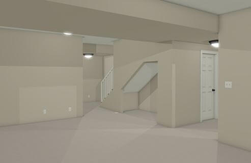 3D rendering of finished basement living space design by Odd Fellows Contracting in Williamston MI