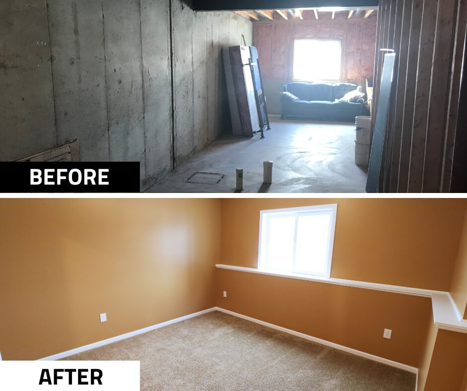 before and after basement finishing with new carpet and walls by Odd Fellows Contracting in Williamston MI
