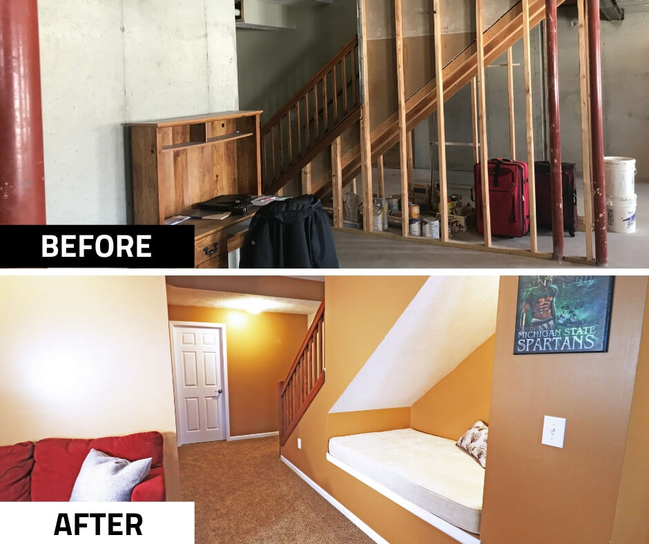 before and after basement remodel with built in bench seating by Odd Fellows Contracting in Williamston MI