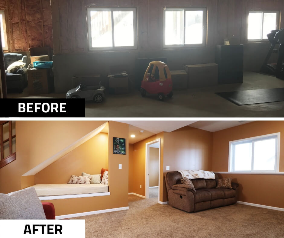 before and after unfinished basement transformed into living space by Odd Fellows Contracting in Williamston MI