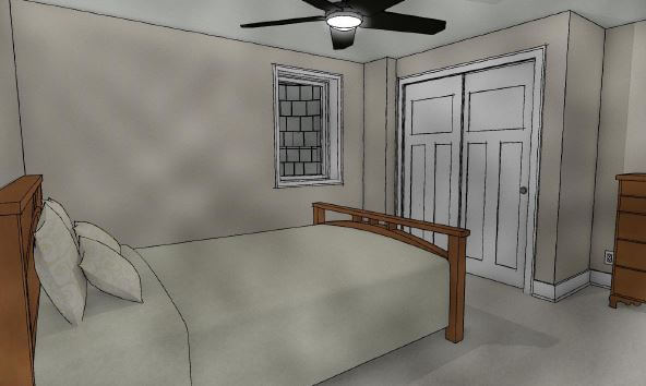 basement bedroom design rendering by Odd Fellows Contracting in Mason MI with bed layout and closet placement