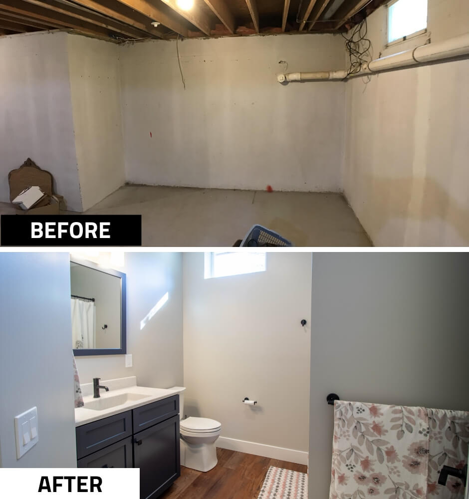 basement before and after bathroom remodel by Odd Fellows Contracting in Mason MI with modern vanity and finishes