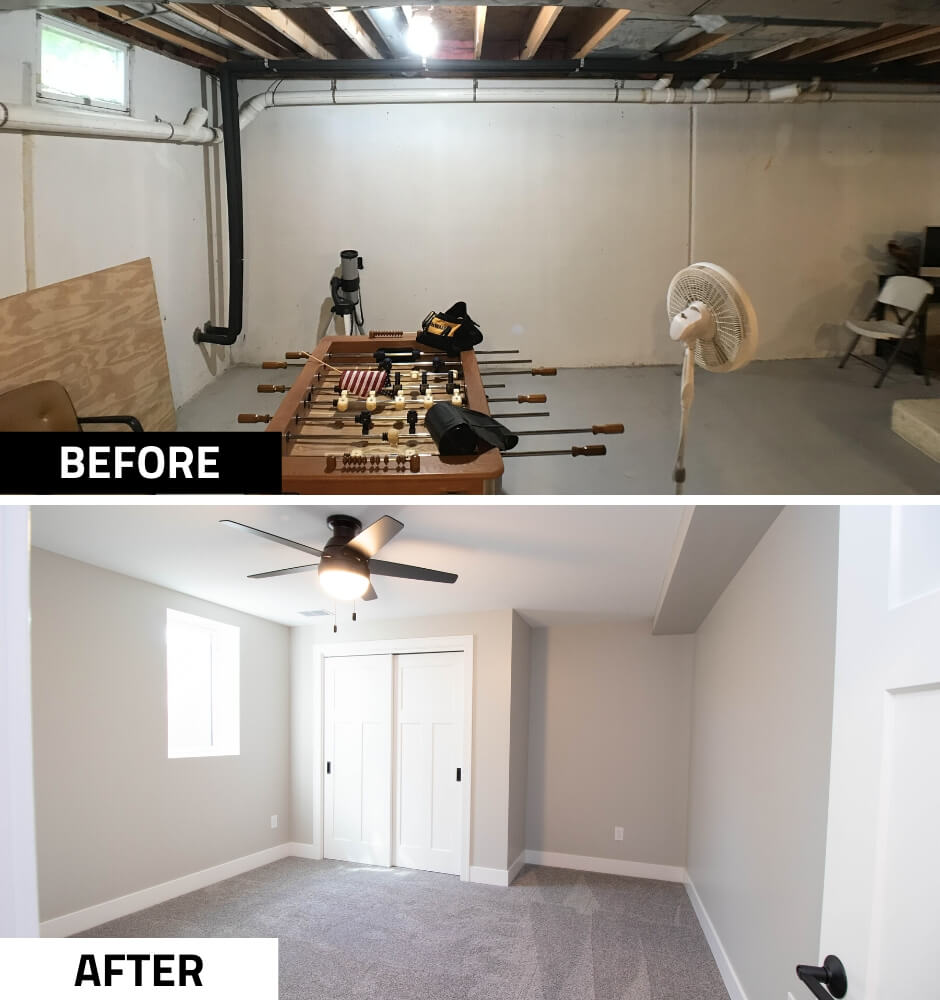 basement before and after remodel by Odd Fellows Contracting in Mason MI showing transformation to finished living space