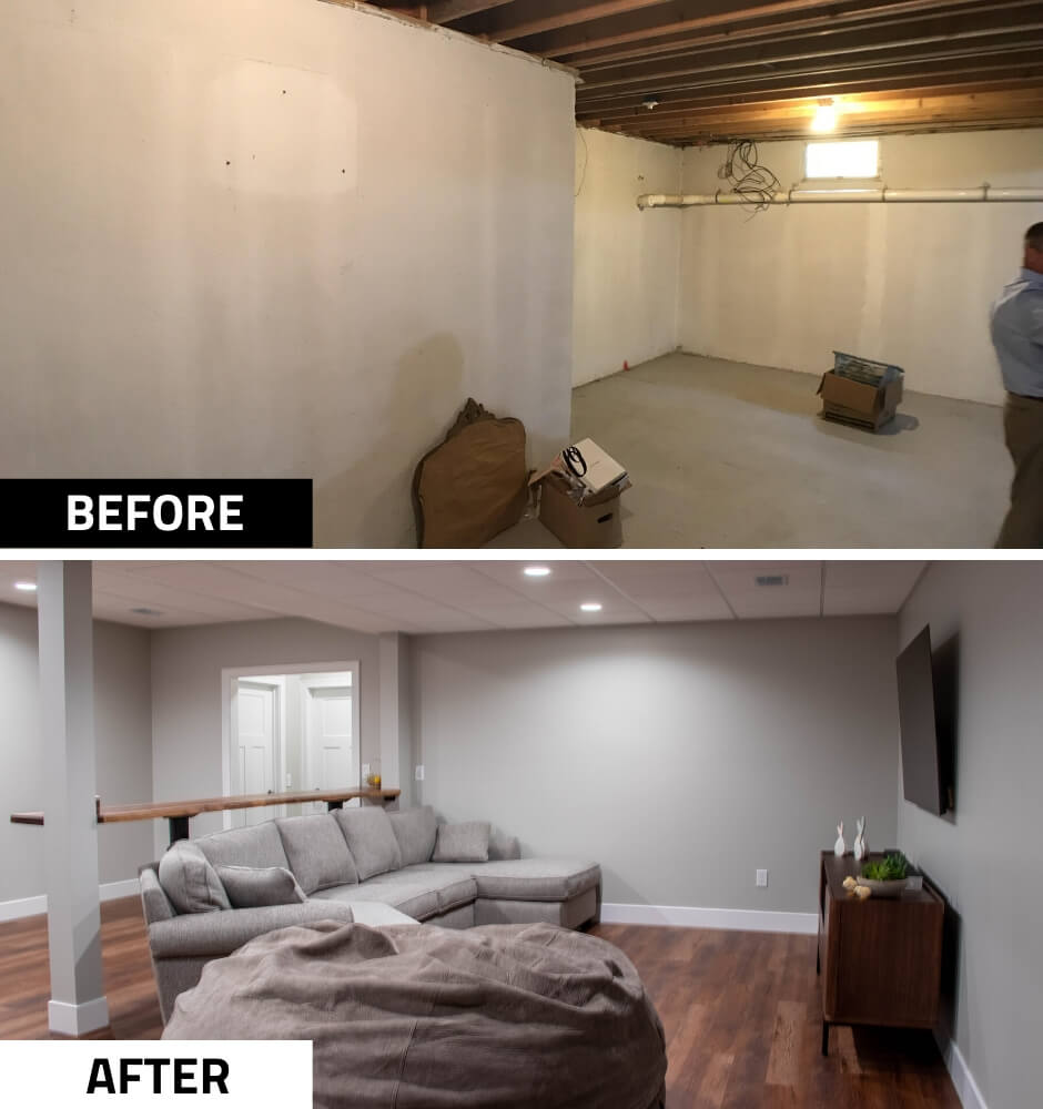 basement before and after remodel by Odd Fellows Contracting in Mason MI transforming open space into living room
