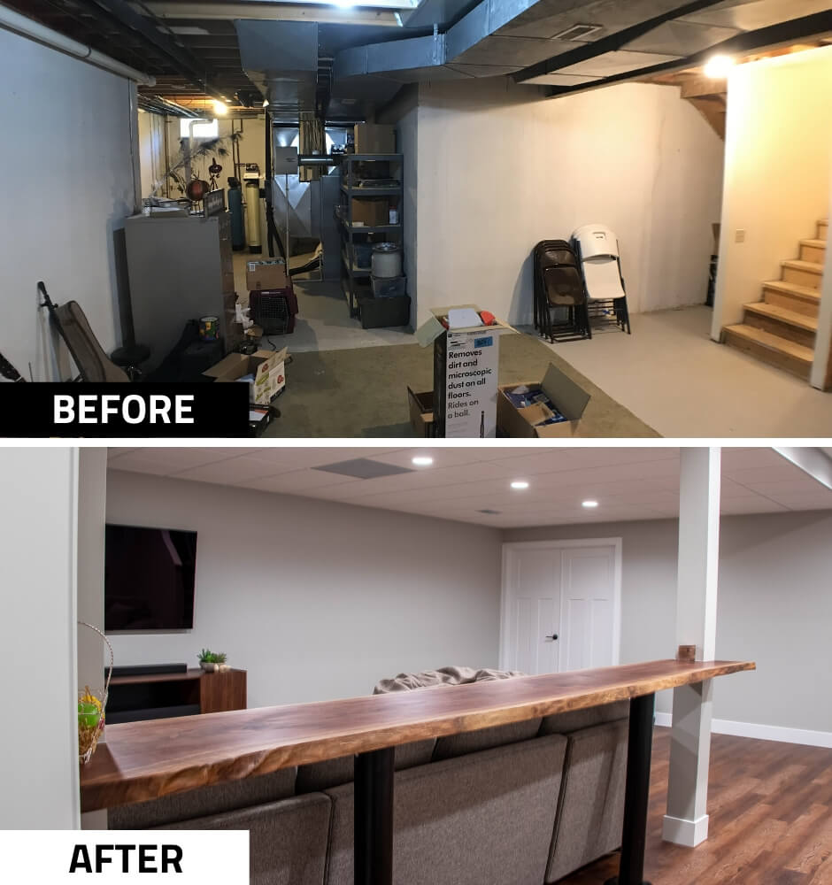 basement before and after remodel by Odd Fellows Contracting in Mason MI with custom bar ledge and seating area