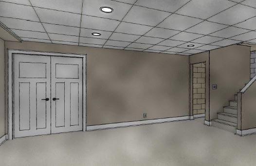 basement design rendering by Odd Fellows Contracting in Mason MI showing planned layout with doors and stair access