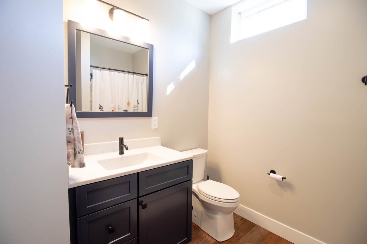 updated basement bathroom by Odd Fellows Contracting in Mason MI featuring sleek vanity and mirror lighting