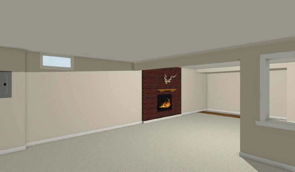 3D basement remodel rendering showing fireplace and finished living space by Odd Fellows Contracting in East Lansing MI