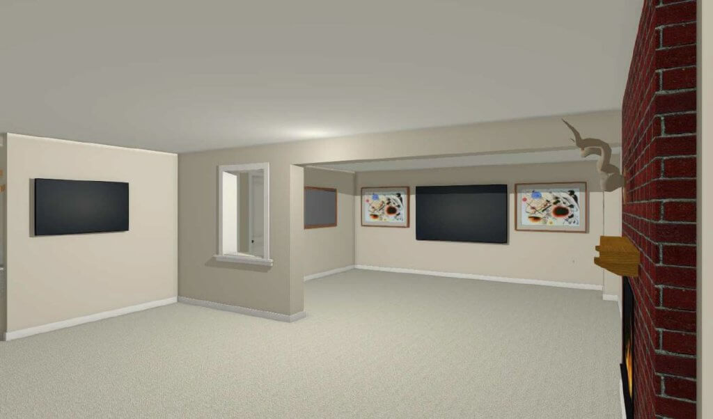 3D basement renovation rendering showing fireplace and seating area by Odd Fellows Contracting in East Lansing MI