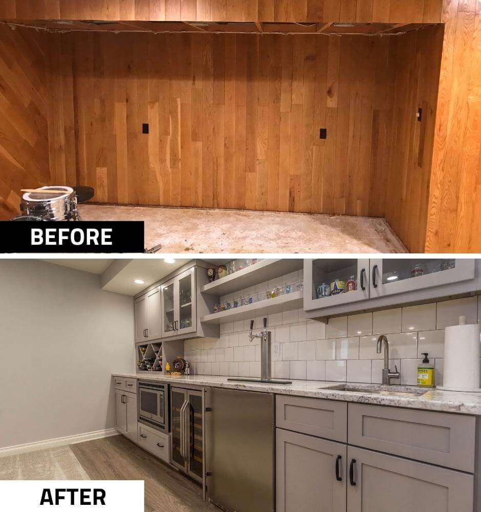 basement bar remodel before and after with custom cabinetry and tile backsplash by Odd Fellows Contracting in East Lansing MI