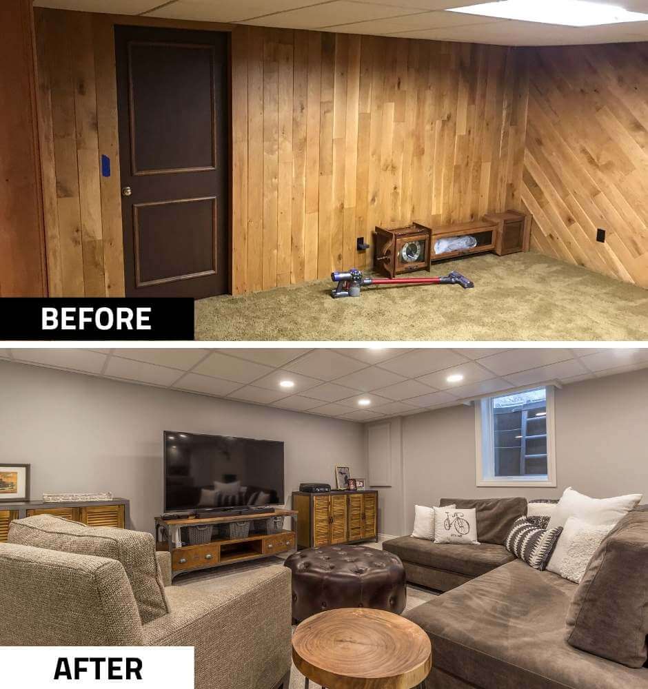 basement living room remodel before and after with seating area and TV by Odd Fellows Contracting in East Lansing MI