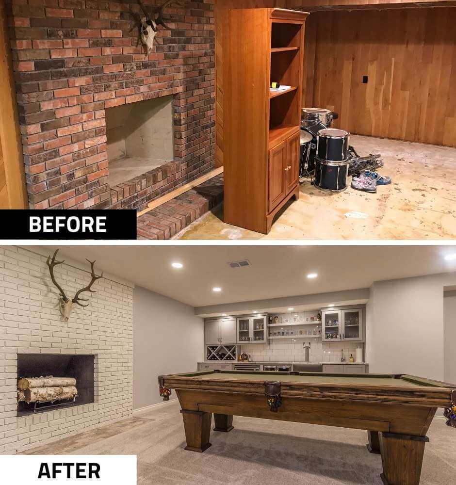 basement remodel before and after with brick fireplace and pool table by Odd Fellows Contracting in East Lansing MI