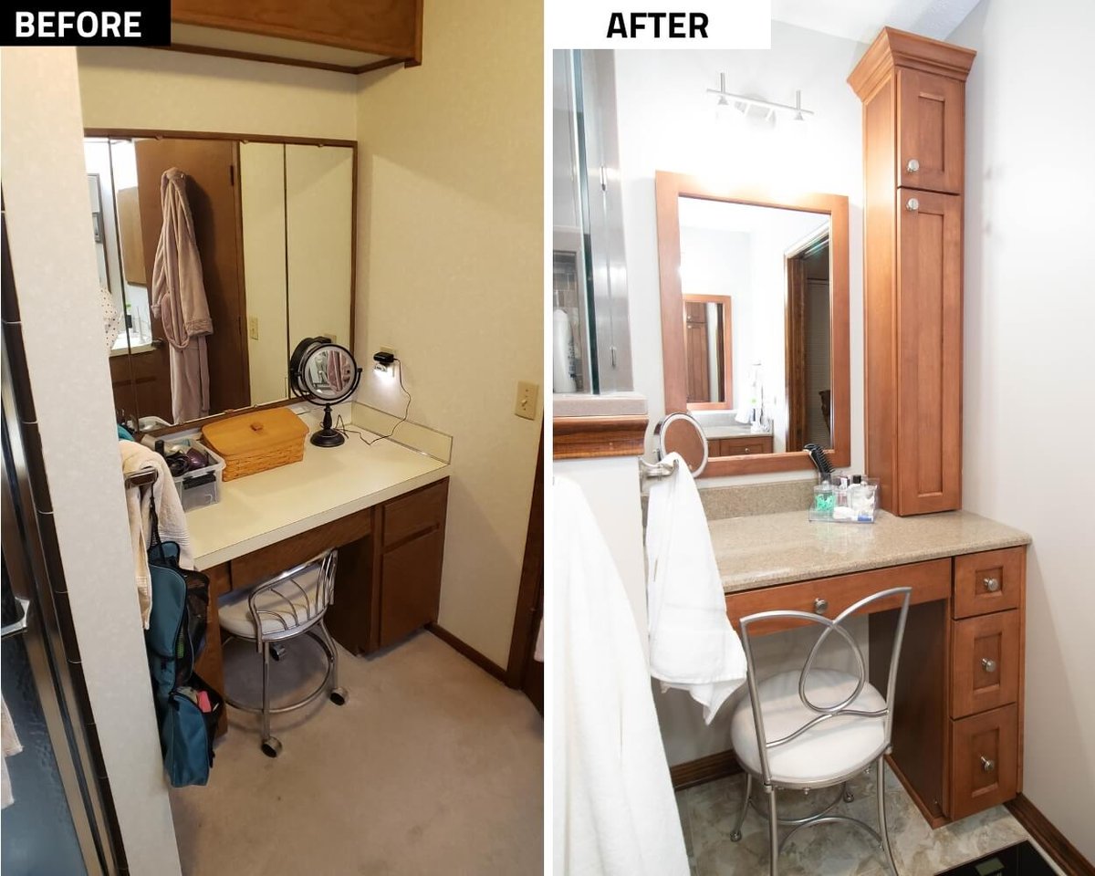 before and after bathroom remodel featuring modern vanity and lighting by Odd Fellows Contracting in Okemos, MI