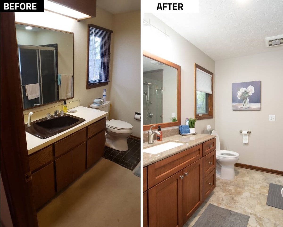 before and after bathroom remodel showing new cabinetry and shower by Odd Fellows Contracting in Okemos, MI