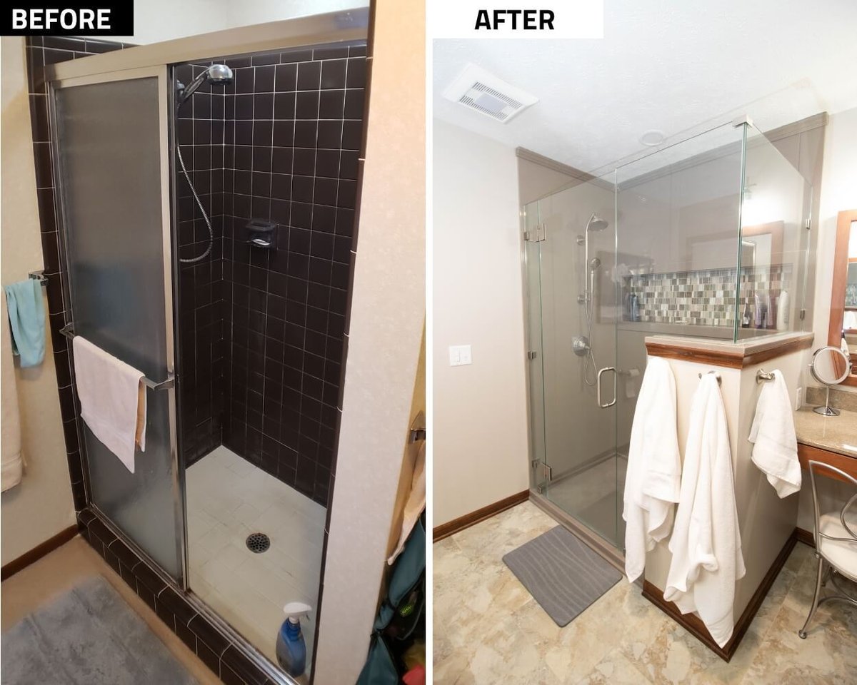before and after shower transformation during bathroom remodel by Odd Fellows Contracting in Okemos, MI