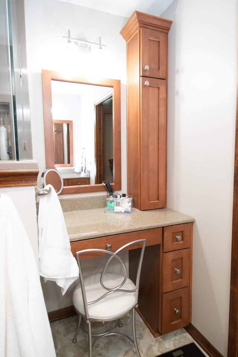 custom vanity makeup station added during bathroom remodel by Odd Fellows Contracting in Okemos, MI