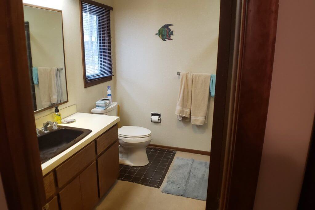 outdated vanity and shower before bathroom remodel by Odd Fellows Contracting in Okemos, MI