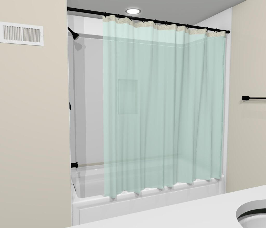 3D bathroom remodel design with bathtub and shower curtain by Odd Fellows Contracting in Okemos, MI