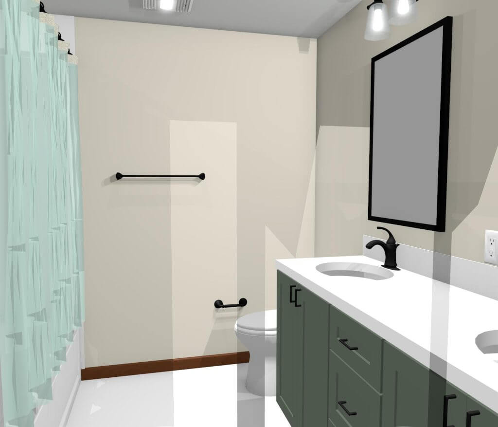 3D concept of bathroom vanity layout for remodel by Odd Fellows Contracting in Okemos, MI