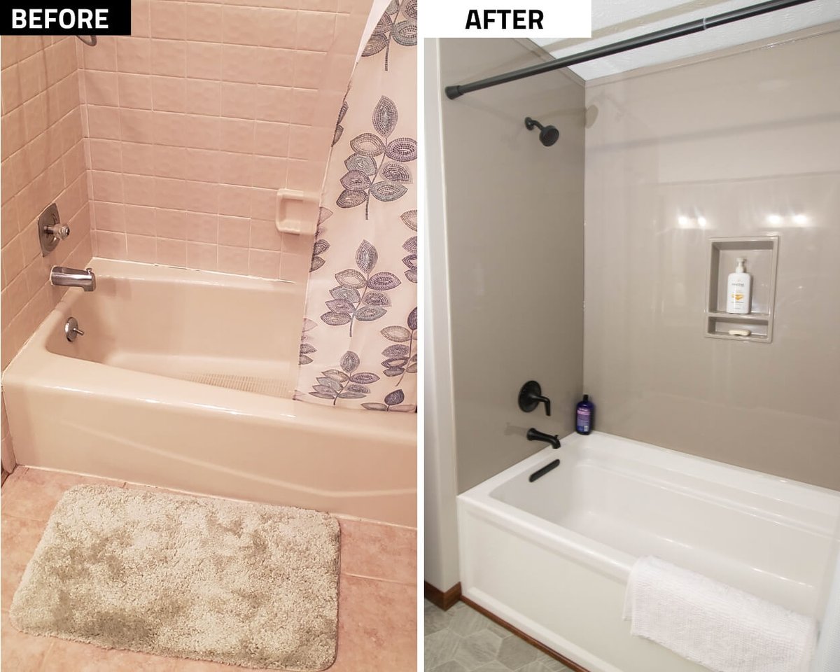 before and after bathtub renovation by Odd Fellows Contracting during bathroom remodel in Okemos, MI