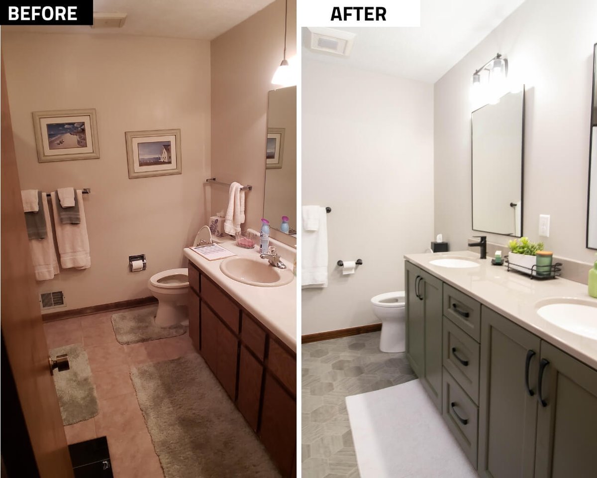 before and after double vanity upgrade during bathroom remodel by Odd Fellows Contracting in Okemos, MI