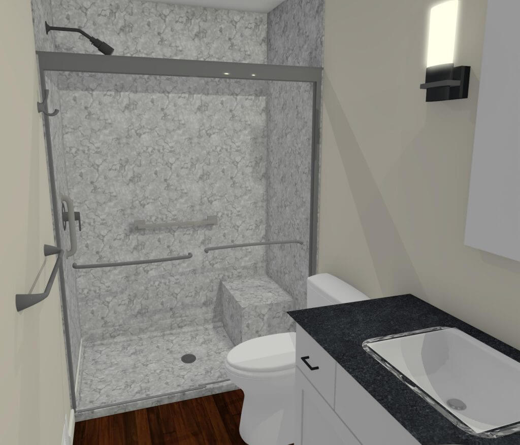 3D bathroom remodel concept showing shower and vanity design by Odd Fellows Contracting in East Lansing, MI