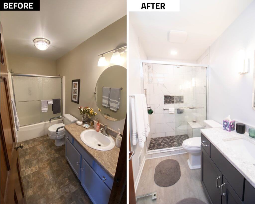 before and after bathroom remodel transformation by Odd Fellows Contracting in East Lansing, MI
