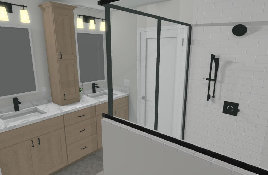 3D rendering of planned bathroom remodel design by Odd Fellows Contracting in Okemos, MI