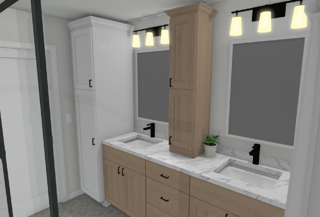 3D rendering of shower and vanity layout for bathroom remodel by Odd Fellows Contracting in Okemos, MI