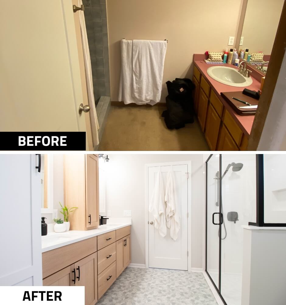 before and after bathroom remodel comparison by Odd Fellows Contracting in Okemos, MI showing updated vanity and shower