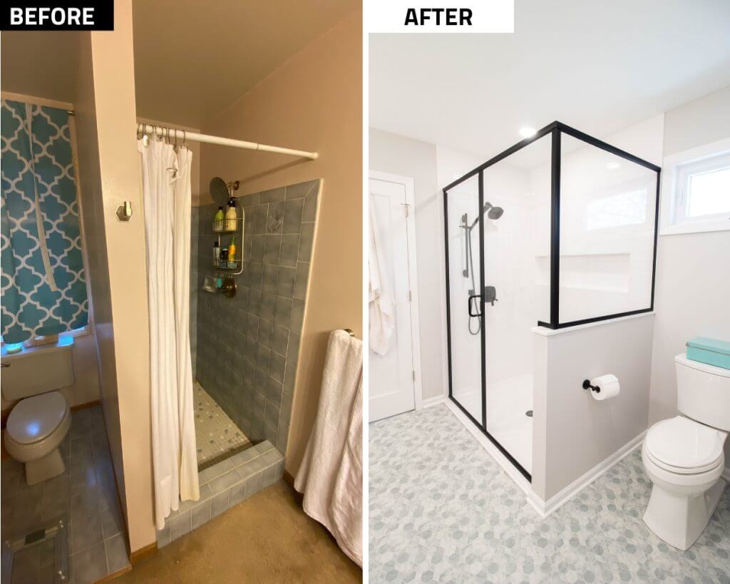 before and after bathroom remodel highlighting modern glass shower by Odd Fellows Contracting in Okemos, MI