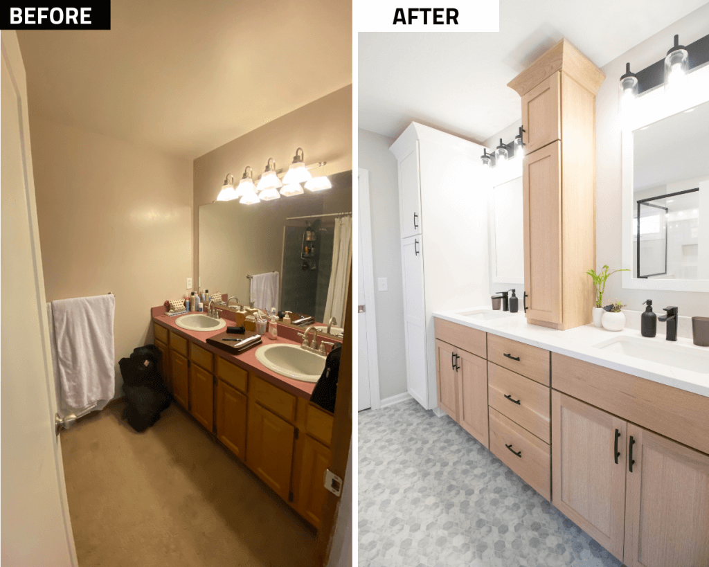 vertical before and after bathroom remodel comparison by Odd Fellows Contracting in Okemos, MI