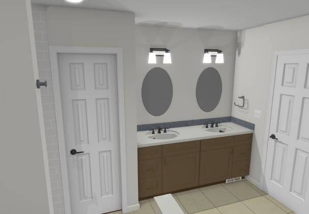 3D bathroom remodel rendering with double vanity and updated lighting by Odd Fellows Contracting in Lansing, MI