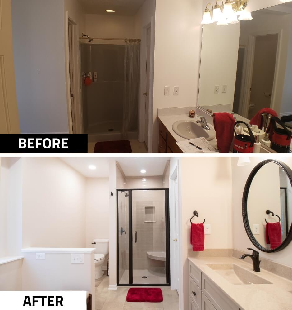 before and after bathroom remodel with modern walk-in shower and double vanity by Odd Fellows Contracting in Lansing, MI