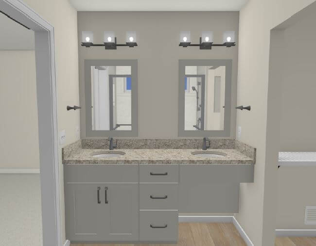 3D bathroom remodel rendering with double sink vanity design by Odd Fellows Contracting in Dewitt, MI