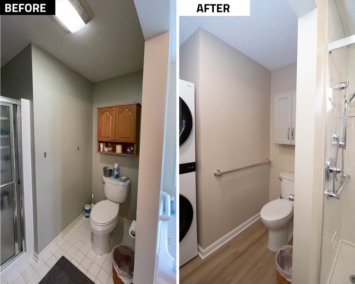 before and after bathroom and laundry layout update by Odd Fellows Contracting in Dewitt, MI