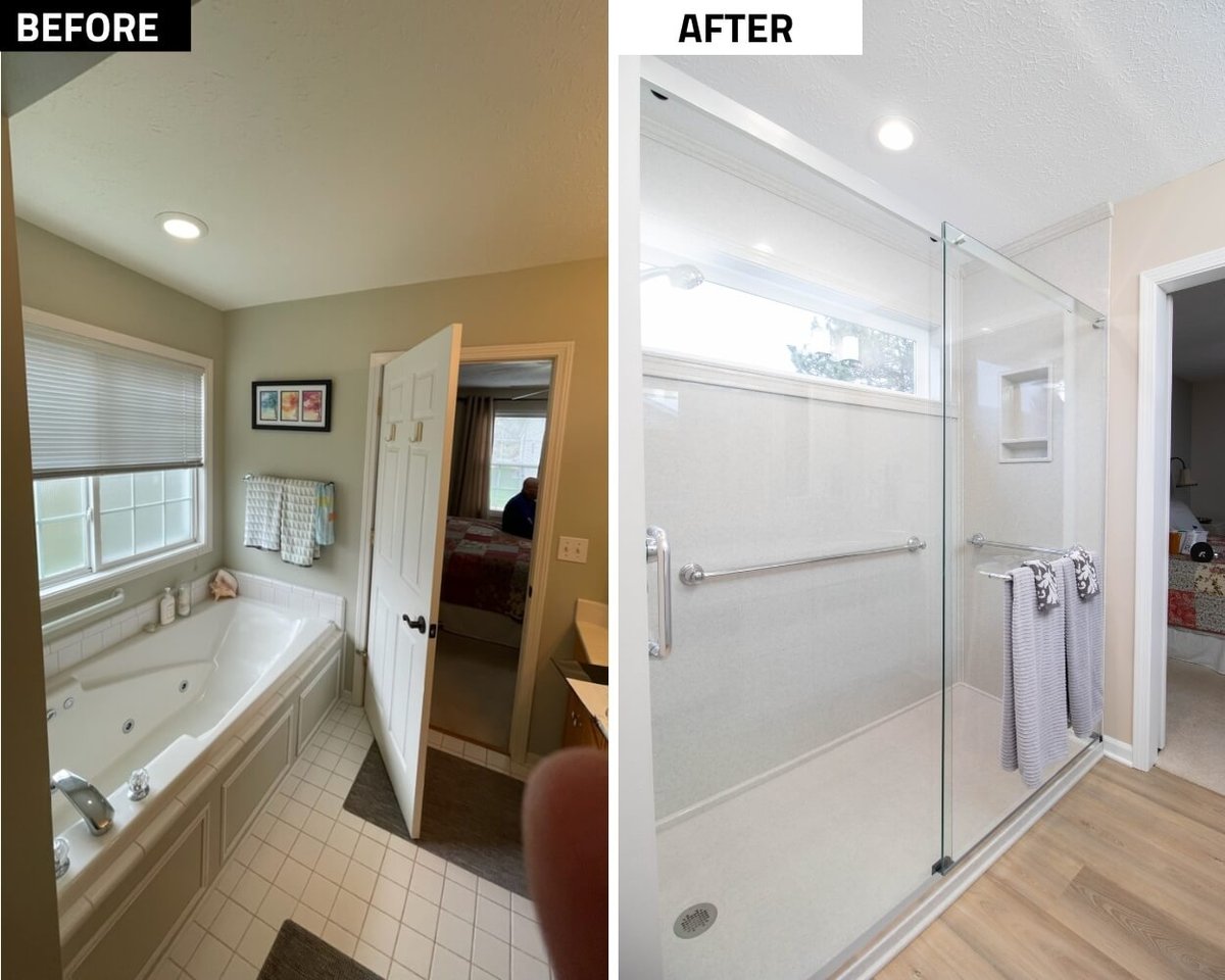 before and after bathroom shower conversion to walk-in shower by Odd Fellows Contracting in Dewitt, MI