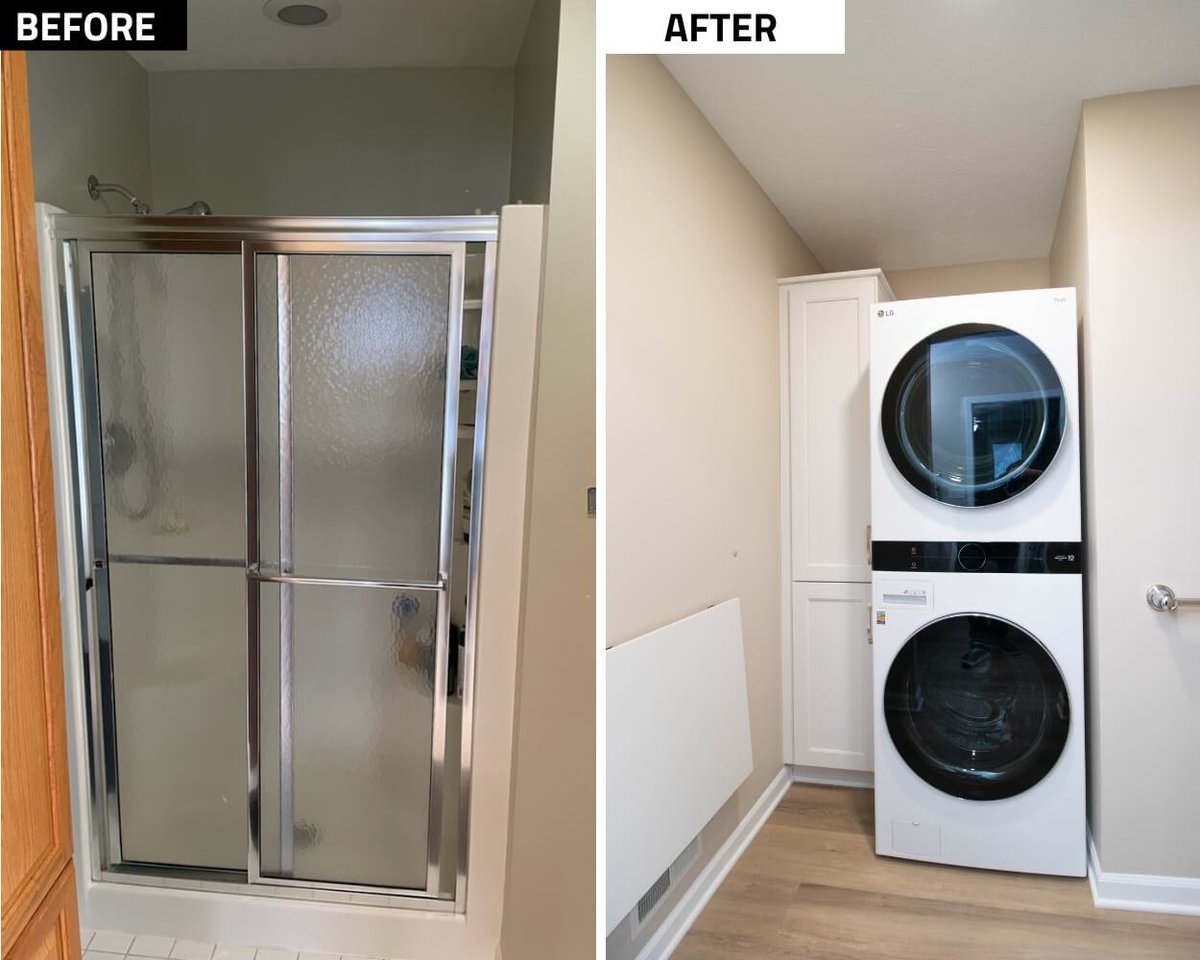 before and after shower removal and laundry installation by Odd Fellows Contracting in Dewitt, MI