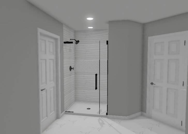3D bathroom renovation concept showing walk-in shower layout by Odd Fellows Contracting in DeWitt, MI.