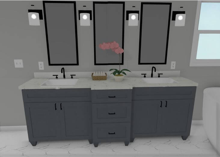3D bathroom renovation design with dual sink vanity and modern lighting by Odd Fellows Contracting in DeWitt, MI.