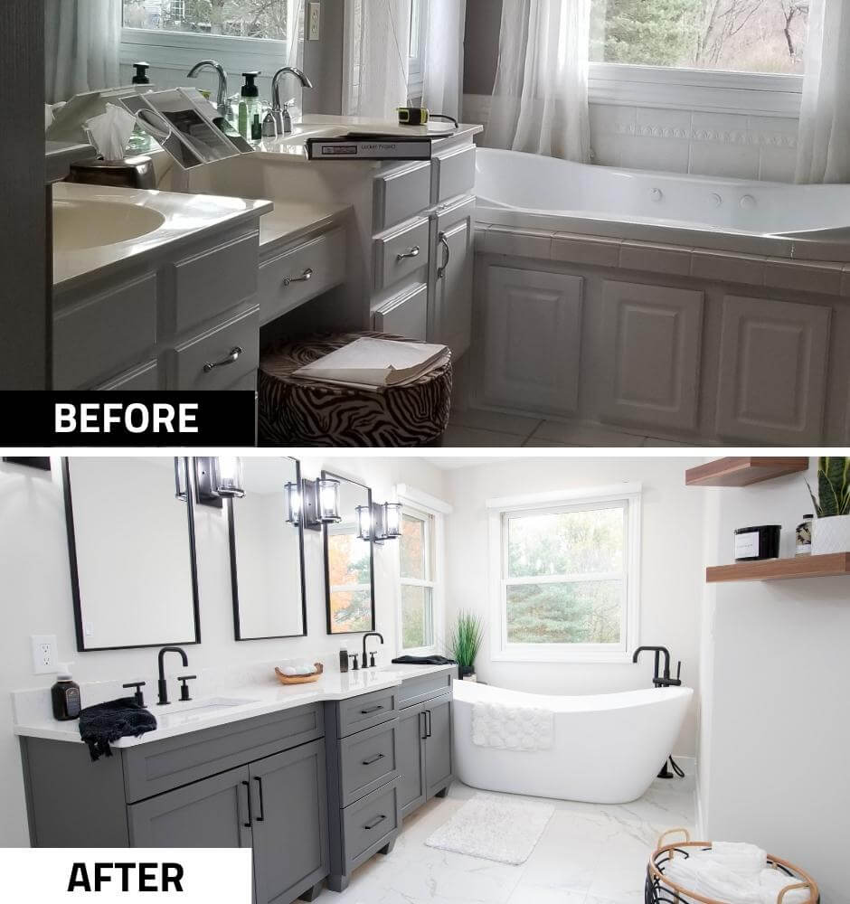 Before and after bathroom remodel with updated vanity and freestanding tub by Odd Fellows Contracting in DeWitt, MI.