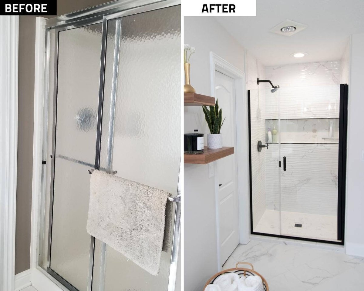Before and after shower remodel replacing framed shower with modern glass walk-in shower by Odd Fellows Contracting in DeWitt, MI.