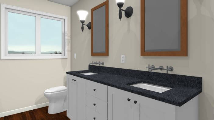 3D bathroom remodel concept featuring dual sinks and wall-mounted faucets by Odd Fellows Contracting in Lansing, MI