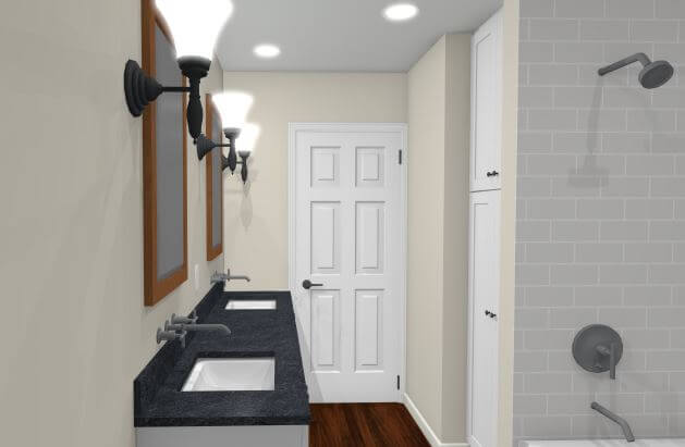 3D bathroom renovation design showing dual sinks and tiled shower by Odd Fellows Contracting in Lansing, MI