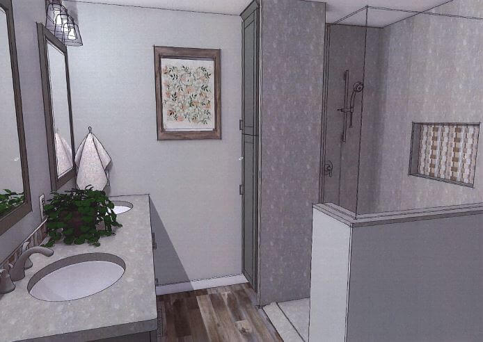 3D bathroom remodel concept with walk-in shower and vanity by Odd Fellows Contracting in Laingsburg, MI